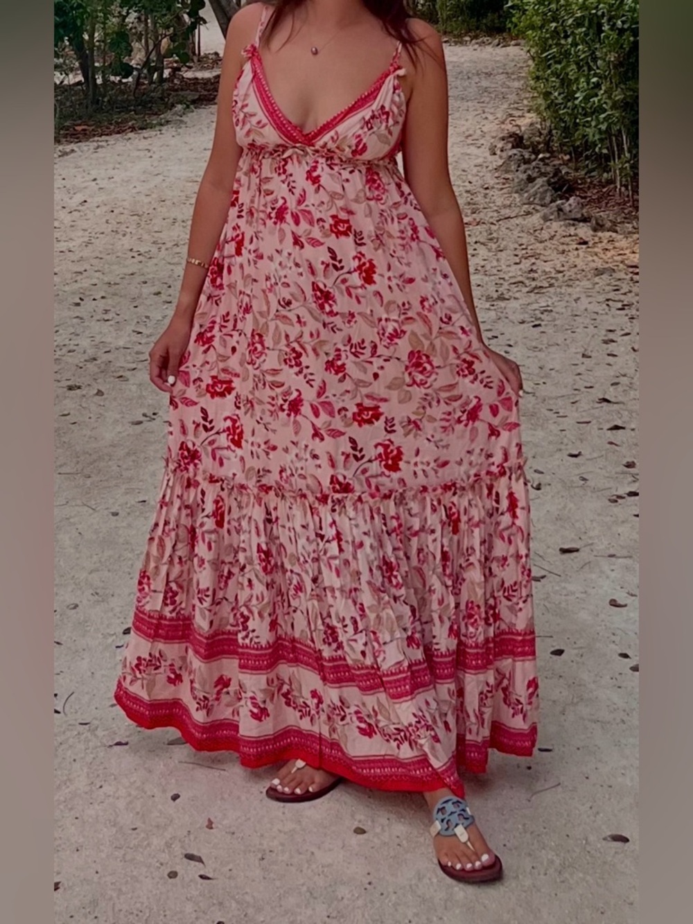 Blue Rain Pink Floral Maxi Dress with Red Trim